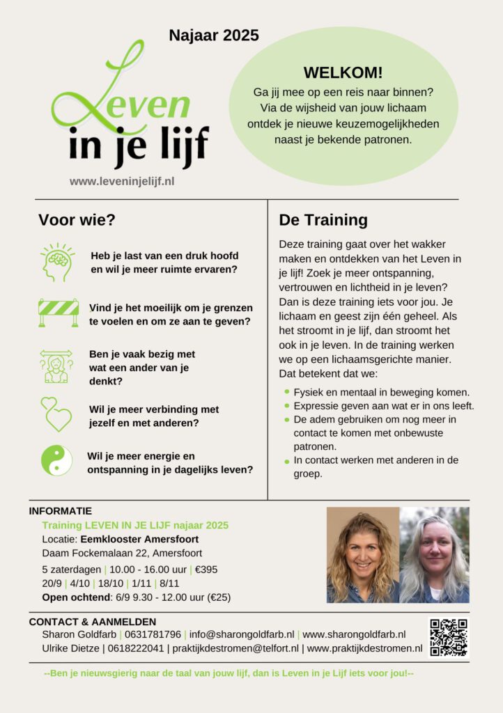 Flyer van de training Leven in je Lijf van Ulrike Dietze, lichaamsgericht therapeut in Alphen aan den Rijn